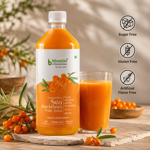 Bhumija Lifesciences Sea Buckthorn Juice bottle with fresh sea buckthorn berries and a glass of juice, featuring AYUSH, GMP and ISO certified quality