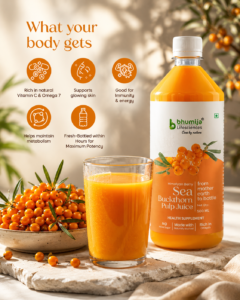 Sea Buckthorn Juice by Bhumija Lifesciences with fresh sea buckthorn berries and a glass of juice, highlighting naturally occurring omega fatty acids, antioxidants, and essential nutrients.