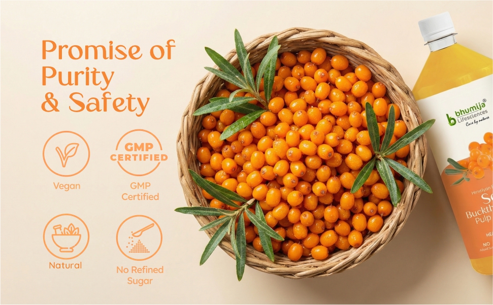 Nutritional chart of Bhumija Sea Buckthorn showing Omega 3, 6, 9, and rare Omega 7 fatty acids.