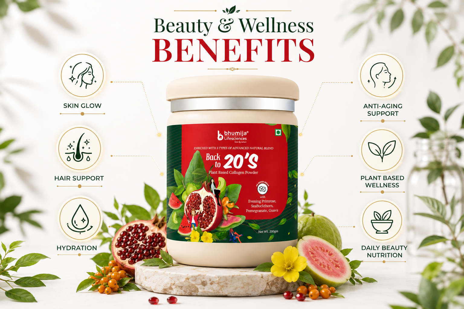 Beauty and wellness benefits of Bhumija Plant Based Collagen Powder for skin, hair, nails and healthy lifestyle support