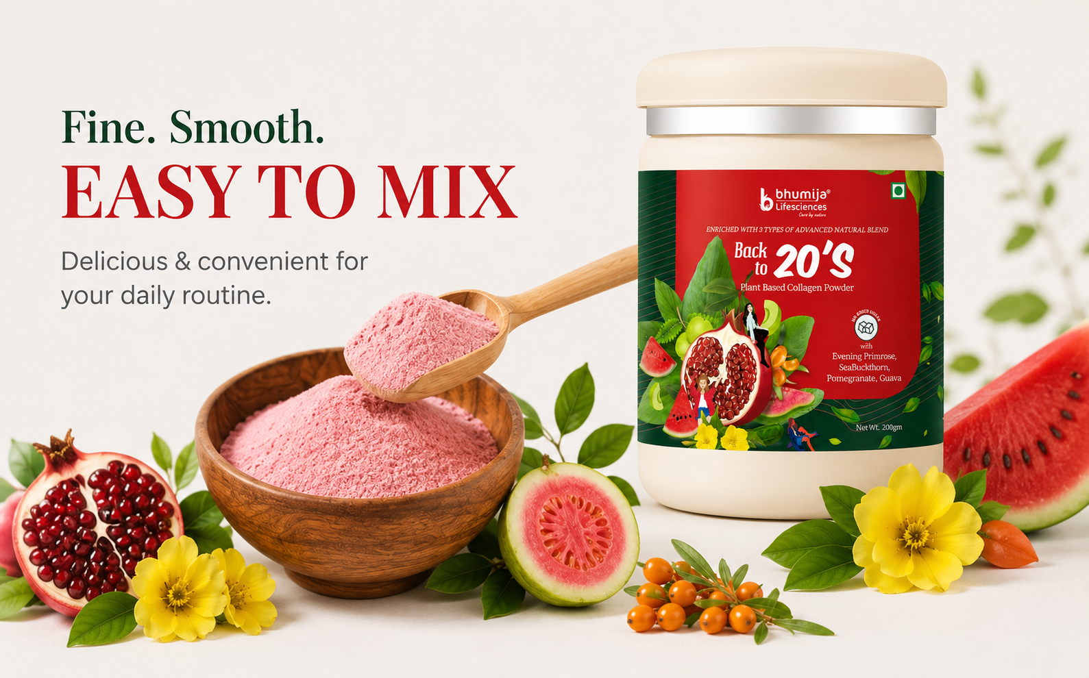 Fine and easy to mix Bhumija Plant Based Collagen Powder with smooth texture for shakes, smoothies and daily wellness drinks