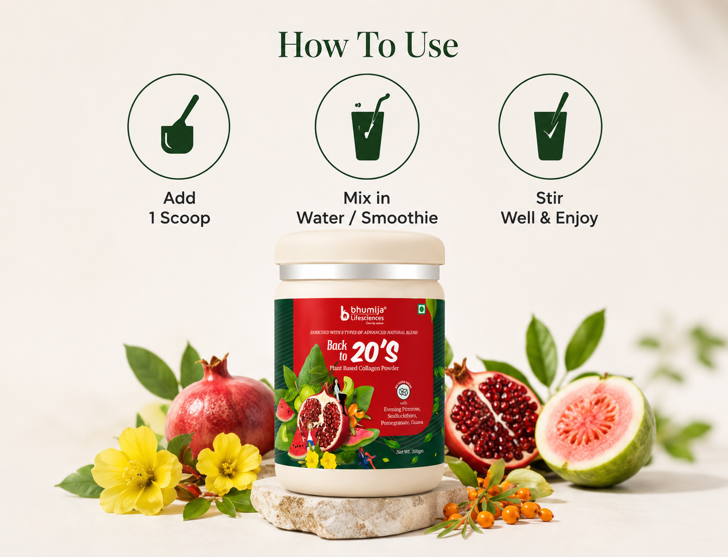 How to use Bhumija Plant Based Collagen Powder with water, milk, or smoothies for daily wellness support