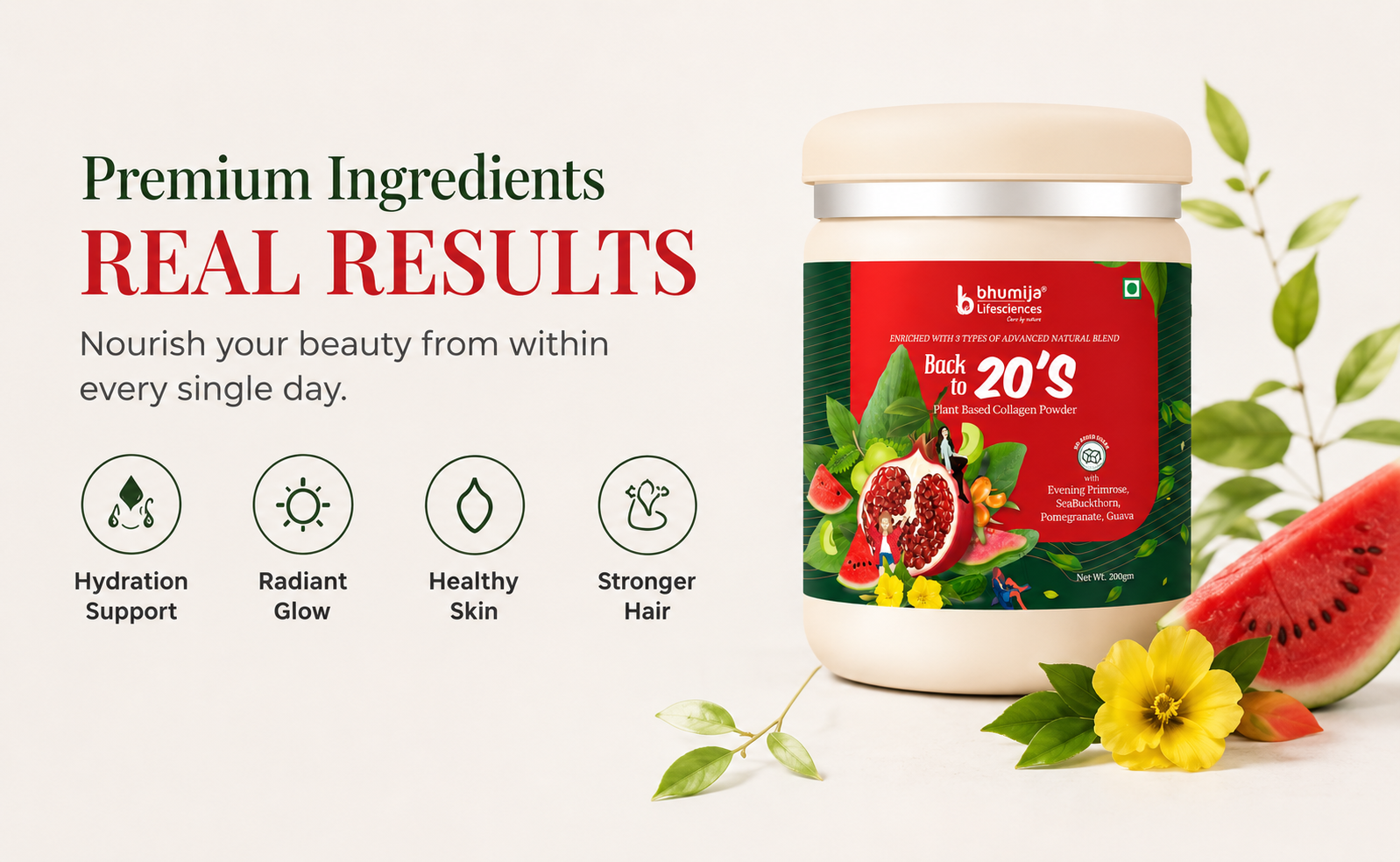 Premium Bhumija Plant Based Collagen Powder with clean vegan ingredients for skin, hair and wellness support