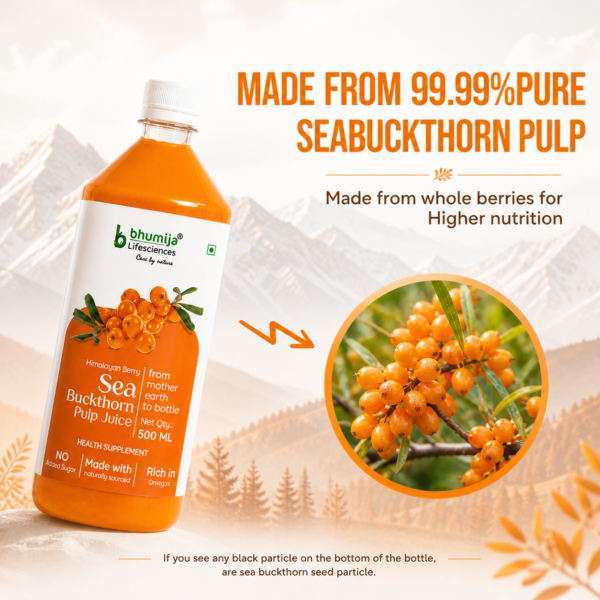 Bhumija Lifesciences Sea Buckthorn Juice made from high purity sea buckthorn pulp with natural berries