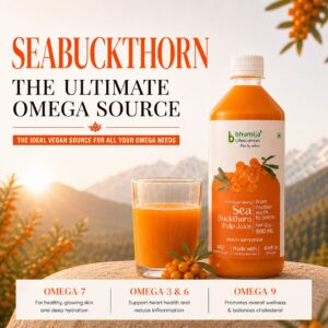 Bhumija Lifesciences Sea Buckthorn Juice ultimate omega source with natural sea buckthorn berries and juice glass